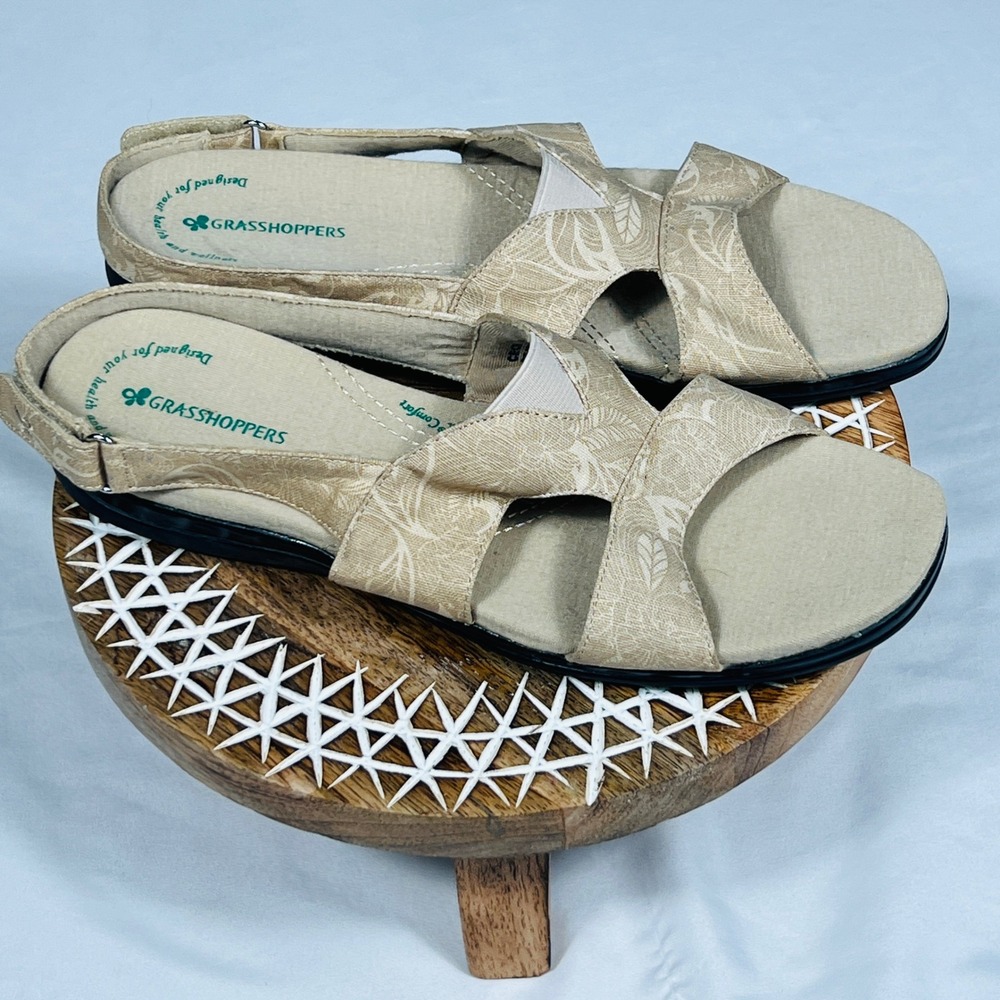 Grasshoppers Cece Tan Leaf Print Slingback Comfort Sandals Womens 8.5 M EF48655